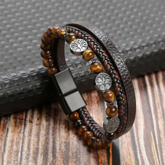 Hochwertiges Lederarmband für Männer, Tigerauge-Perlen, mehrlagig, modisch, braun.