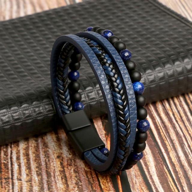 Hochwertiges Herren Lederarmband, blau, mehrlagig, mit Tigerauge-Perlen, modisch.