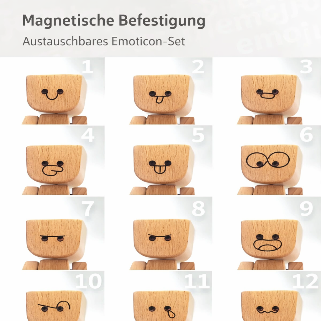 Přehled dvanácti očíslovaných vyměnitelných obličejů s různými výrazy, upevňovaných magneticky na dřevěnou hlavu figurky. 6