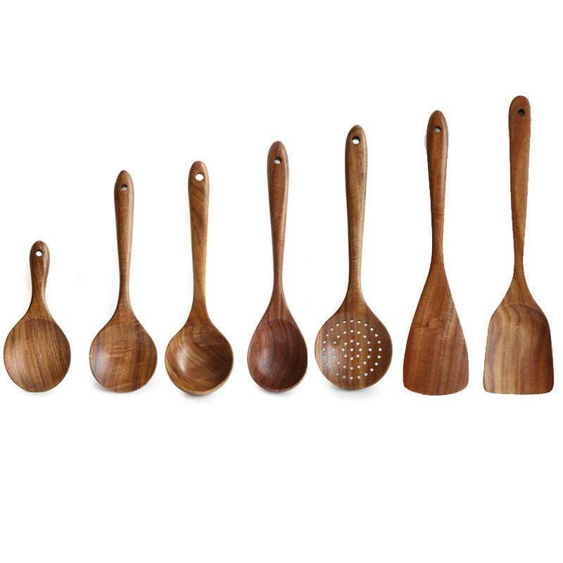 Siebenteiliges Küchenset aus Holz, Löffel und Pfannenwender, langlebig, umweltfreundlich.