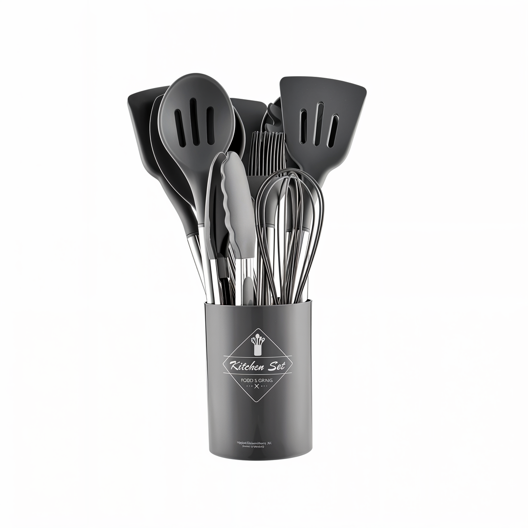 Schwarzes Küchenutensilien-Set aus Silikon im Halter, Löffel, Schneebesen, Zange, Spatel.