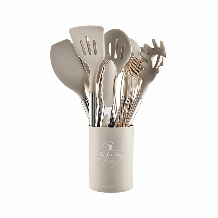 Beiges Küchenutensilien-Set im Halter, Silikon und Edelstahl, ideal für Kochen und Backen.