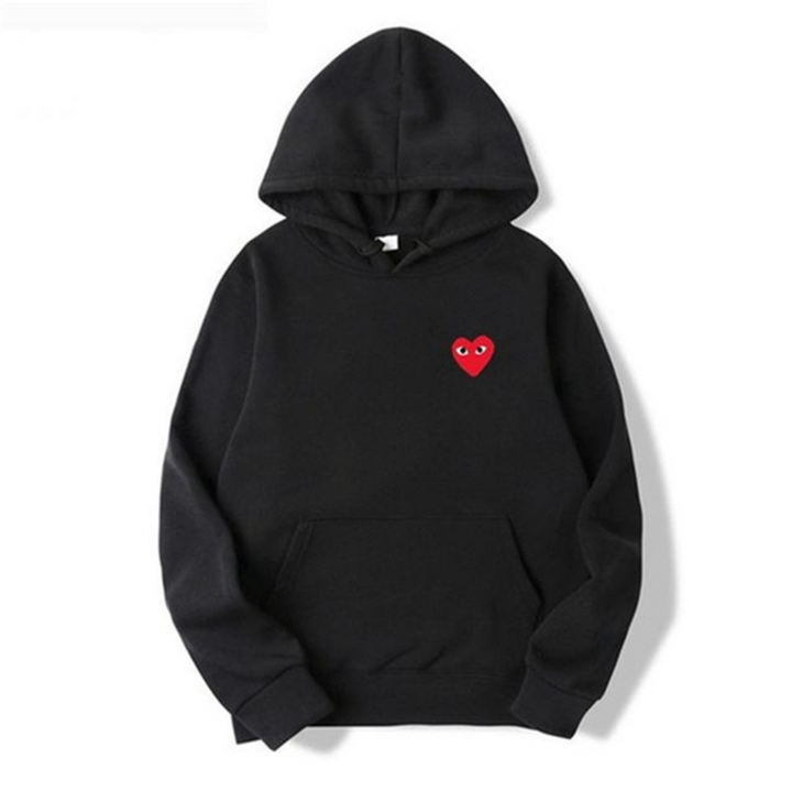 Schwarzer Damen-Hoodie mit rotem Herz-Emblem, Baumwolle, modisch, bequem, Freizeitkleidung.