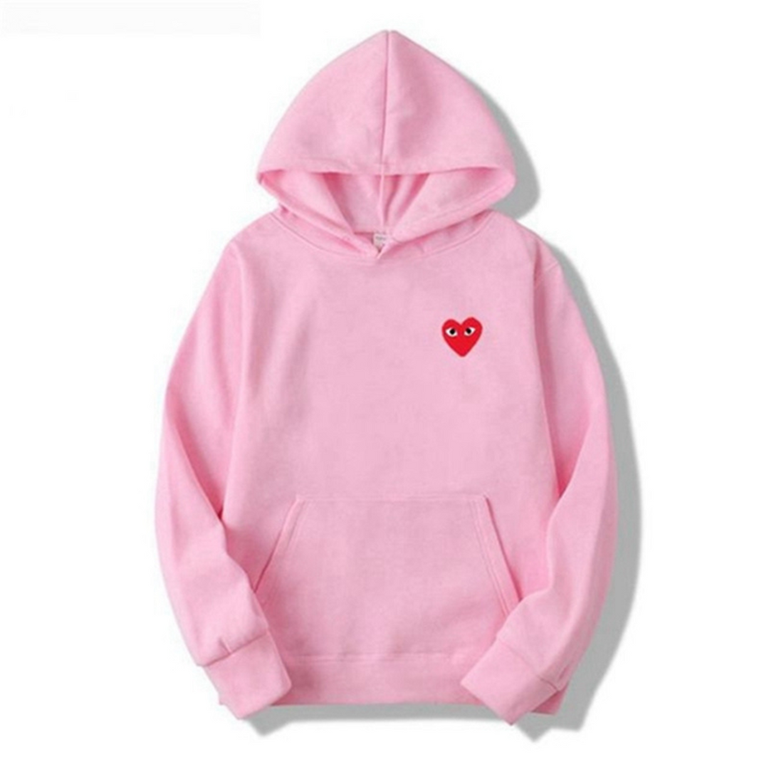 Damen Kapuzenpullover rosa mit rotem Herz-Emblem, Baumwolle, modisch, bequem.