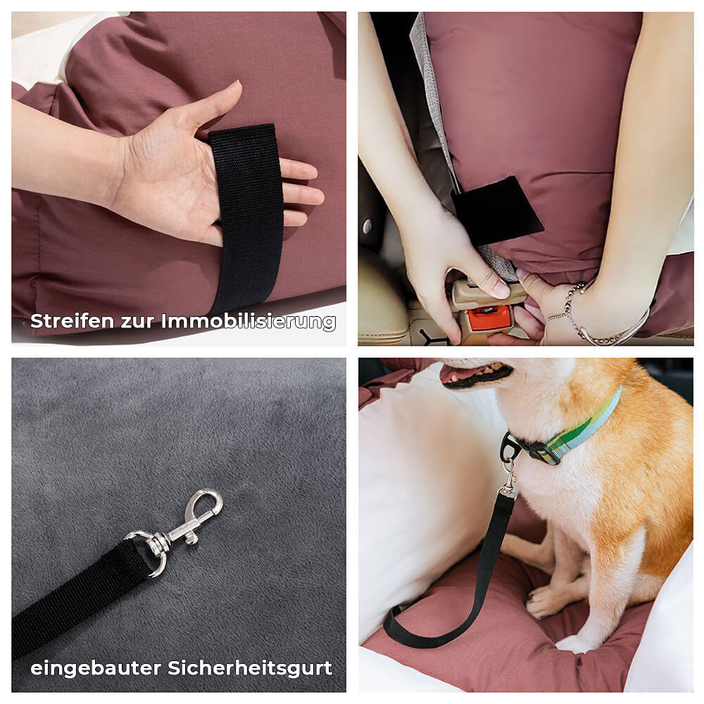 Hundesitz mit Sicherheitsgurt, braun, weiches Material, ideal für Autosicherheit und Komfort.