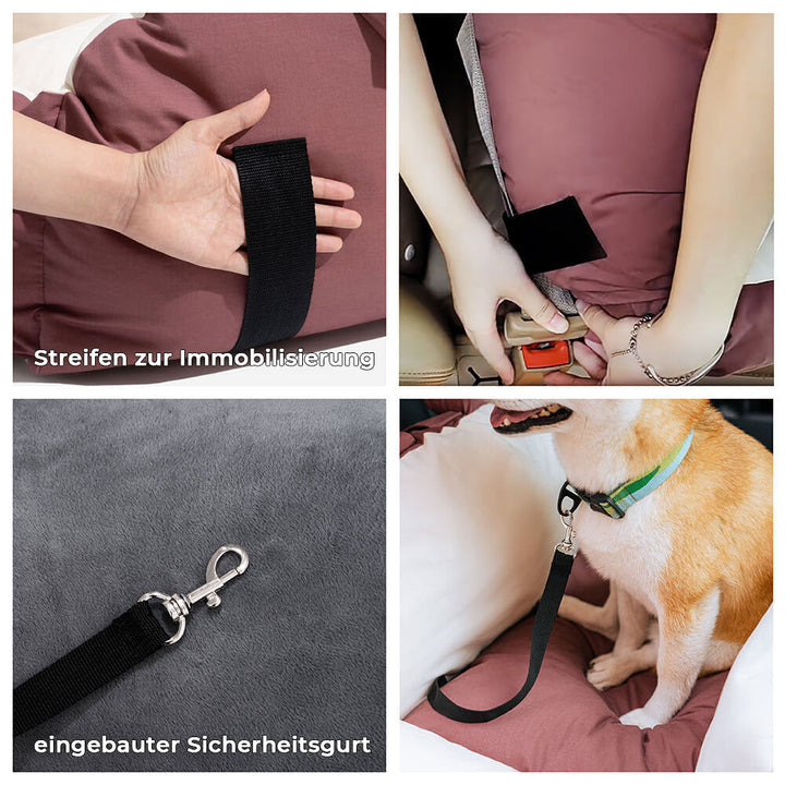 Hundesitz mit Sicherheitsgurt, braun, weiches Material, ideal für Autosicherheit und Komfort.