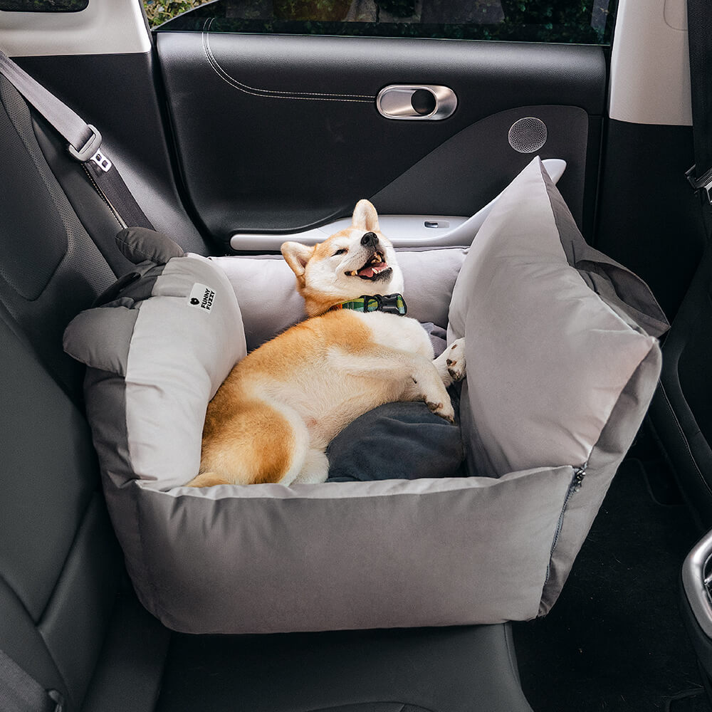 Hundebett Auto grau, Sicherheitsbett mit Bärenohren, Haustier Komfort, Rücksitz, Shiba Inu.