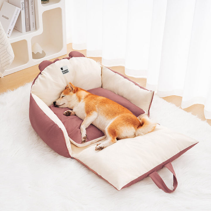 Hundebett Auto Sicherheit, braun-weiß, mit Bärenohren, für Haustiere, gemütlich, waschbar.