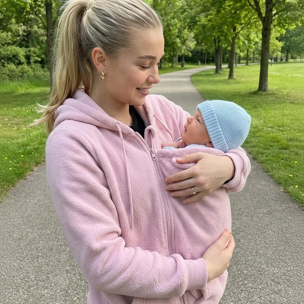 Blondýnka v růžové fleecové mikině se na parkové cestě usmívá na miminko v modré čepičce, které nese v panelu. 4