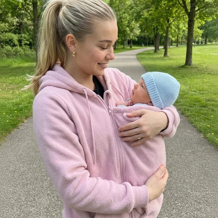 Blondýnka v růžové fleecové mikině se na parkové cestě usmívá na miminko v modré čepičce, které nese v panelu. 4
