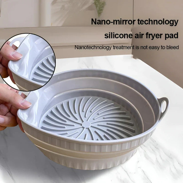 Graue Silikon-Luftfritteusenmatte mit Nanospiegel-Technologie, runde Form, rutschfest.