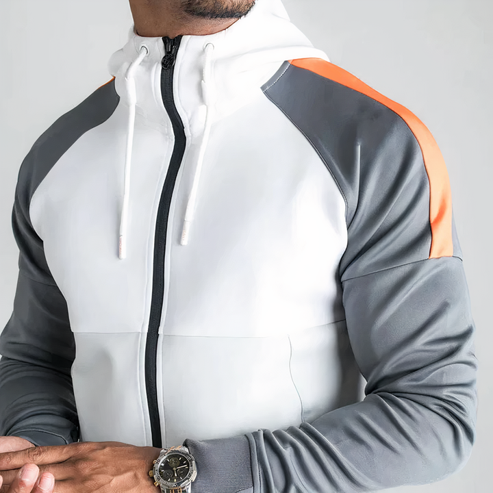Männer-Sportjacke, weiß-grau mit orange Streifen, Kapuze, Reißverschluss, Freizeitmode.
