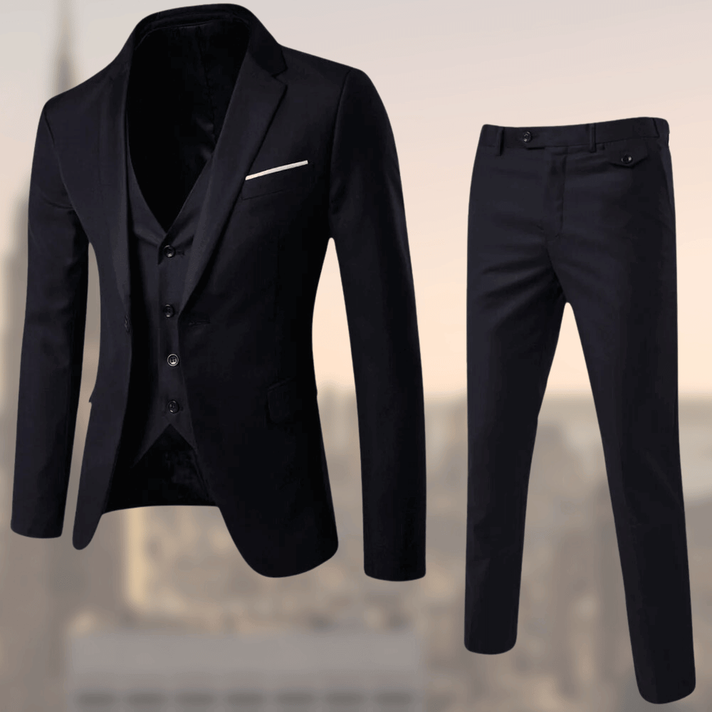 Schwarzer Herrenanzug, dreiteilig, elegant, Slim Fit, für formelle Anlässe.