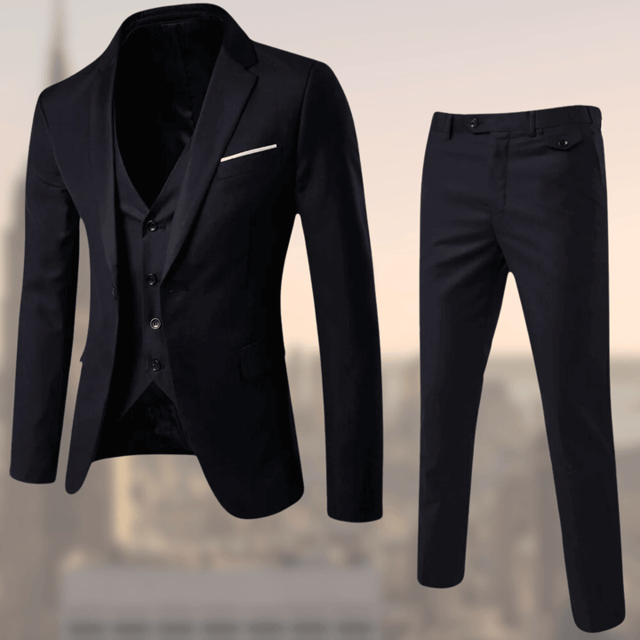 Schwarzer Herrenanzug, dreiteilig, elegant, Slim Fit, für formelle Anlässe.
