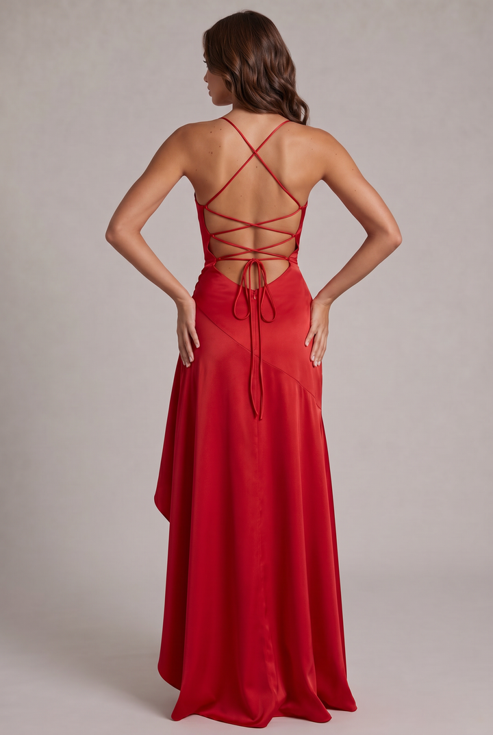 Záda červených šatů s křížovým šněrováním, zavazovací stuhou a diagonálním švem sukně. 16