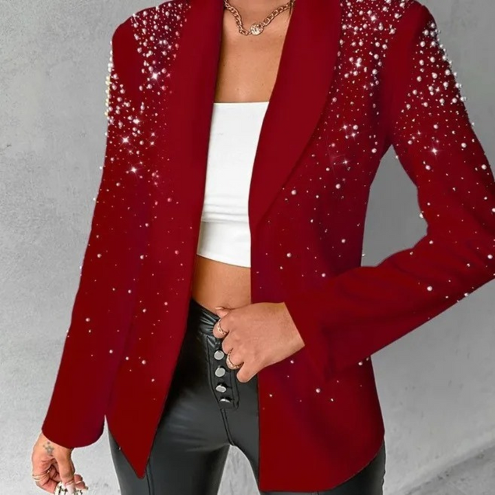 Roter Damenblazer mit Perlen, eleganter Stil, modische Jacke, festliche Kleidung.