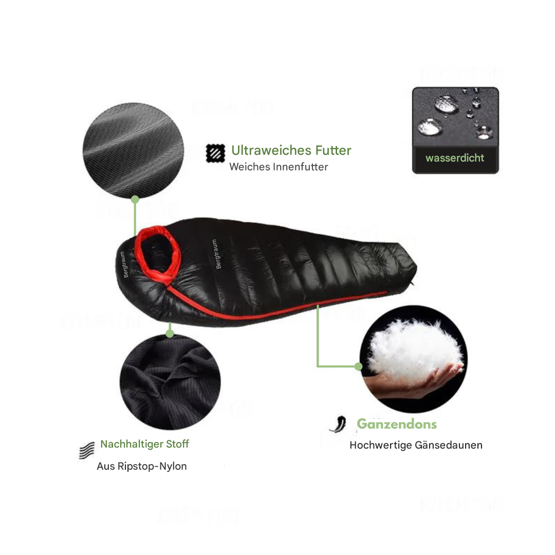 Schwarzer Schlafsack aus Ripstop-Nylon, ultraleicht, wasserdicht, mit Gänsedaunenfüllung.