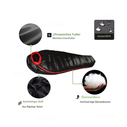 Schwarzer Schlafsack aus Ripstop-Nylon, ultraleicht, wasserdicht, mit Gänsedaunenfüllung.