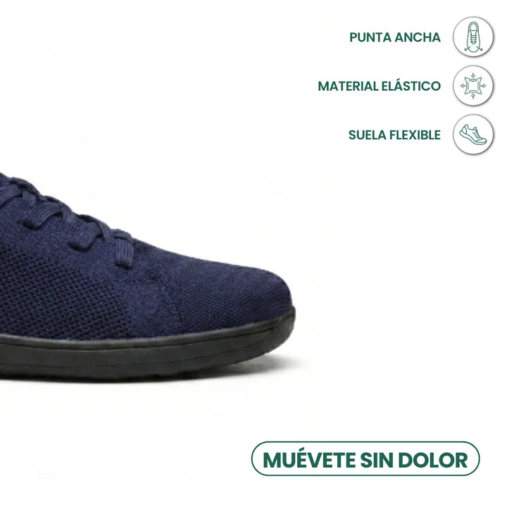 Detail široké špičky tmavě modré tenisky s černou podrážkou a ikonami elastického materiálu a ohebné podrážky. 23