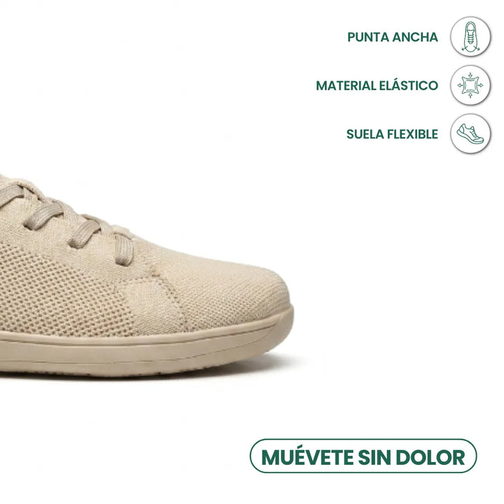 Detail špičky béžové tenisky se širokou špičkou a síťovinou, vedle ikony o elastickém materiálu a pružné podrážce. 5