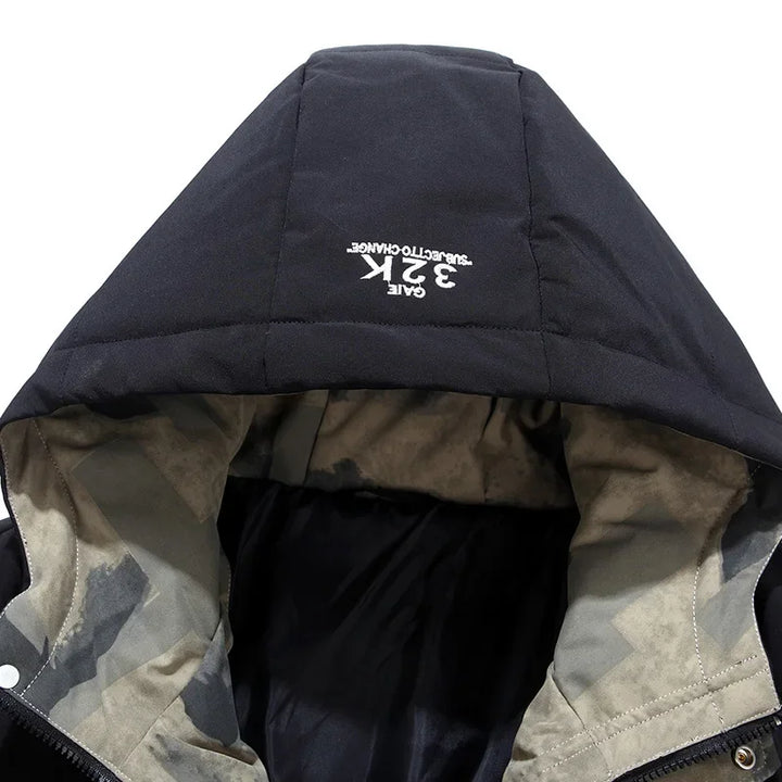 Schwarze Kapuzenjacke mit Aufdruck, warme Winterjacke, Herrenmode, Outdoor-Bekleidung