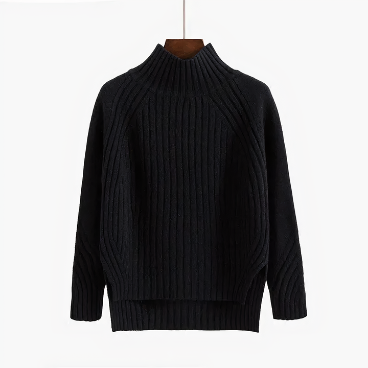 Schwarzer Strickpullover Damen, Rollkragen, warm, elegant, Wintermode, Baumwolle.