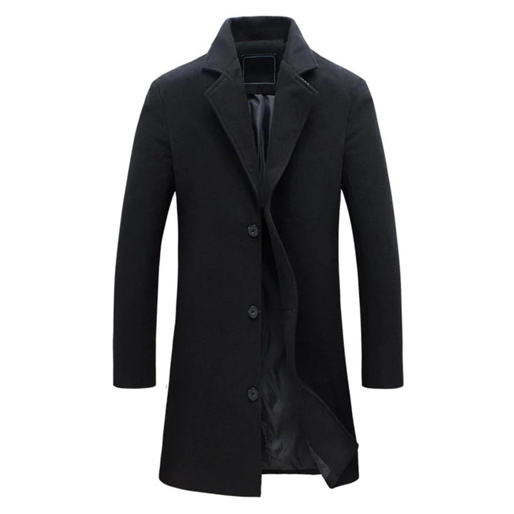 Schwarzer Herren-Wollmantel, lang, elegant, Winterjacke, klassischer Stil, Knopfleiste.