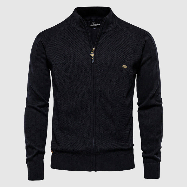 Schwarzer Herren-Strickpullover mit Reißverschluss, John Wellington, elegantes Design.