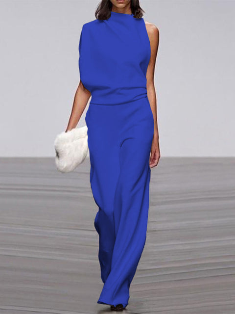 Damen Jumpsuit Blau, ärmellos, Rundhals, weite Beine, elegantes Sommer-Outfit, Büro-Look.