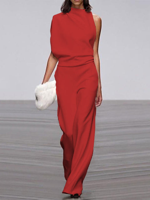Damen Jumpsuit rot ärmellos, eleganter Einteiler, Sommermode, Büro, weiter Bein, Rundhals.