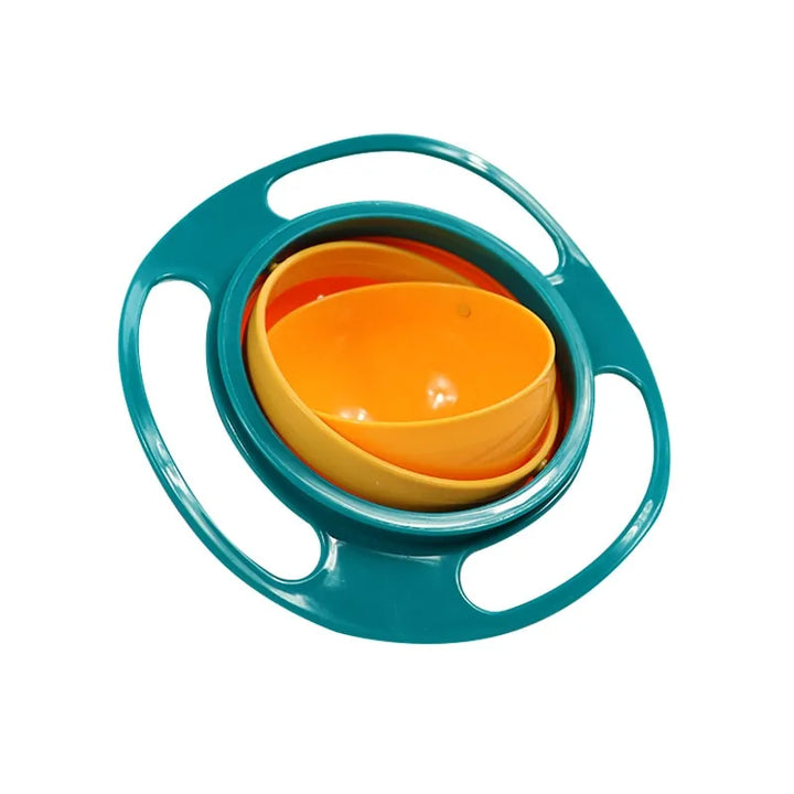 Gyroskopische Schüssel für Kinder, blau-orange, aus Kunststoff, spill-proof Design.