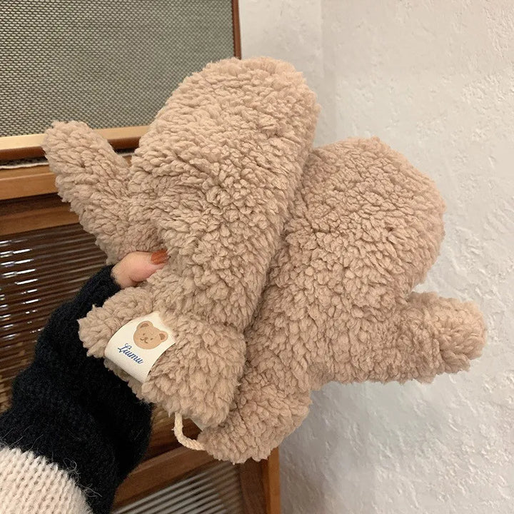 Beige Plüsch-Fäustlinge für Damen, warm, wintertauglich, weiches Material, modisch.