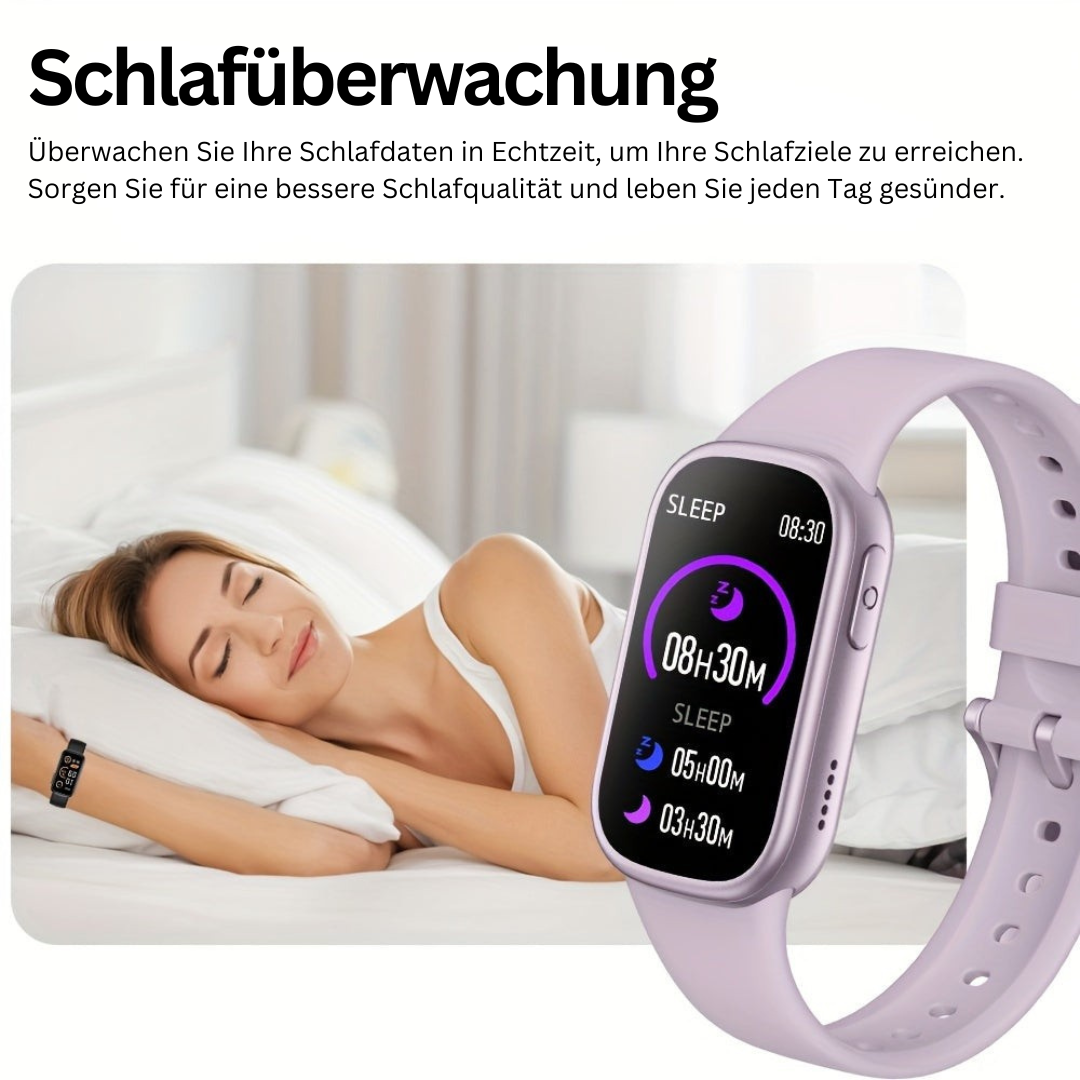 Lila Smartwatch mit Schlafüberwachung, Fitness-Tracker, Gesundheitsmonitor, Frau im Hintergrund.