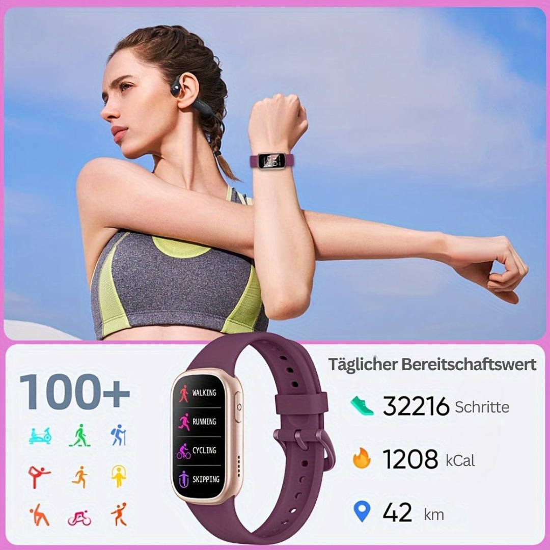 Frau mit lila Fitness-Tracker, zeigt Schritte, Kalorien, Distanz; Sport, Gesundheit, Aktivität.