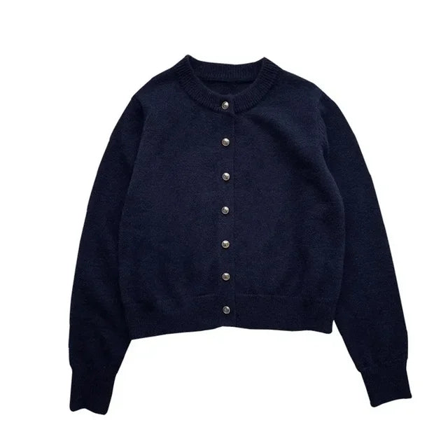 Damen Strickjacke, dunkelblau, Rundhals, Knöpfe, Frühling 2023, koreanischer Stil.