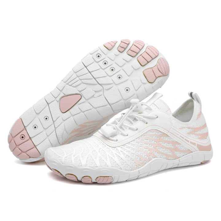 Weiße und rosa Barfußschuhe, atmungsaktiv, rutschfest, für Damen, Fitness und Outdoor.