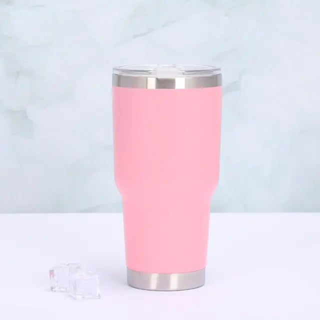 Rosa Edelstahl-Thermobecher mit Deckel, isoliert, ideal für heiße und kalte Getränke.