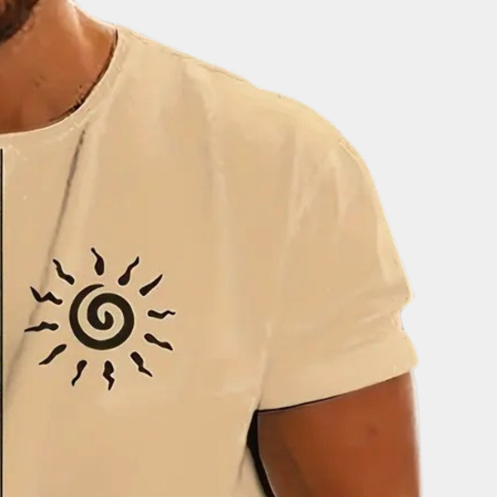 Beiges T-Shirt mit schwarzem Sonnensymbol, Baumwolle, lässige Mode, Herrenbekleidung.