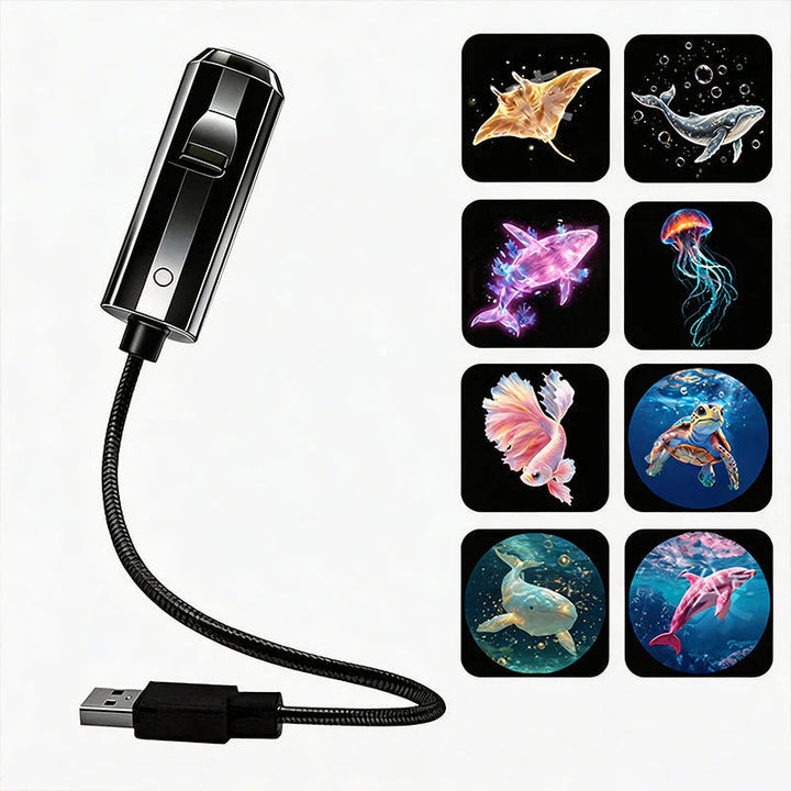 Černý projektor s flexibilním USB ramenem a osm ukázek mořských motivů: rejnok, velryba, medúza, rybka, želva a delfín 8