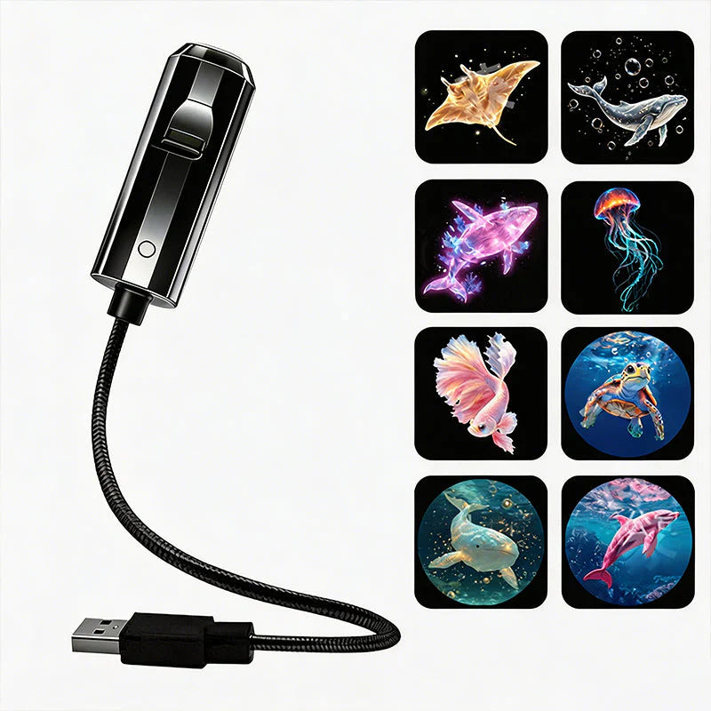 Černý USB projektor s ohebným ramenem a osm vyměnitelných mořských motivů, například rejnok, želva a delfín 8