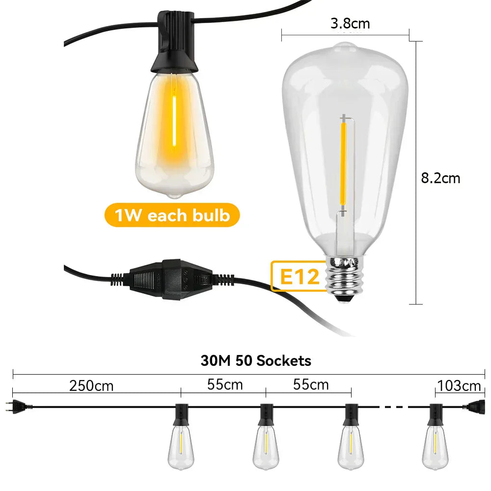 Wasserdichte LED-Lichterkette, 30M, E12, 50 Fassungen, für Innen- und Außenbereich, warmweiß.