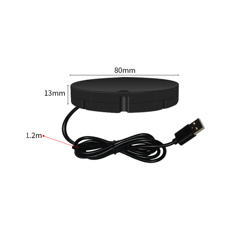 Černá nabíječka s kabelem zakončeným USB konektorem, u které jsou vyznačeny rozměry: průměr 80 mm, výška 13 mm, kabel 1,2 m. 9