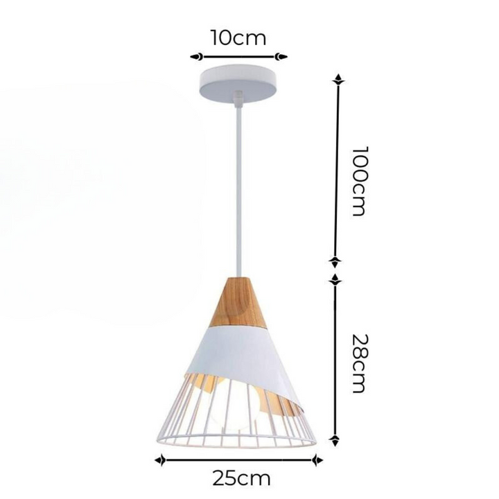 Moderne Hängelampe aus Holz und Metall, weiß, 28cm Höhe, skandinavisches Design.