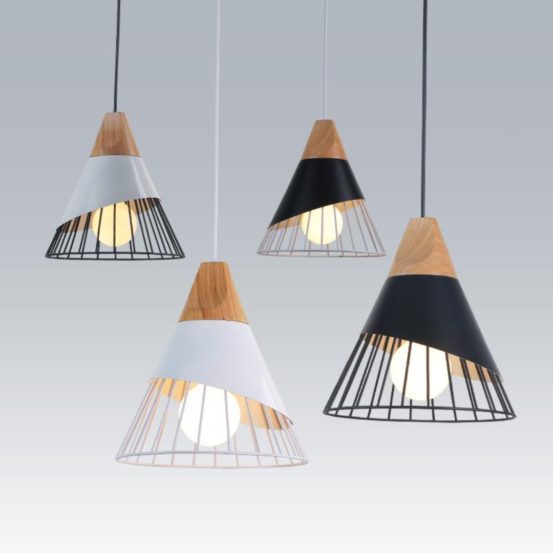 Moderne Hängelampe aus Holz und Metall, schwarz-weiß, skandinavisches Design, Wohnzimmerbeleuchtung.