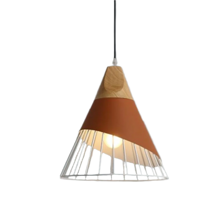 Moderne Hängelampe aus Holz und Metall, konisches Design, warmes Licht, skandinavischer Stil.
