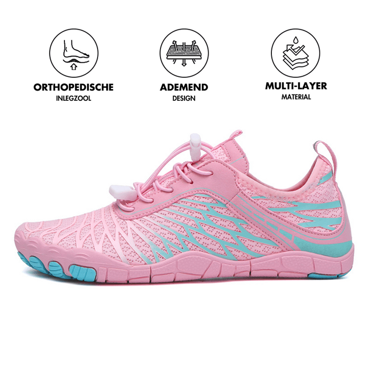 Rosa Barfußschuhe mit orthopädischer Einlegesohle, atmungsaktivem Design, mehrlagigem Material.