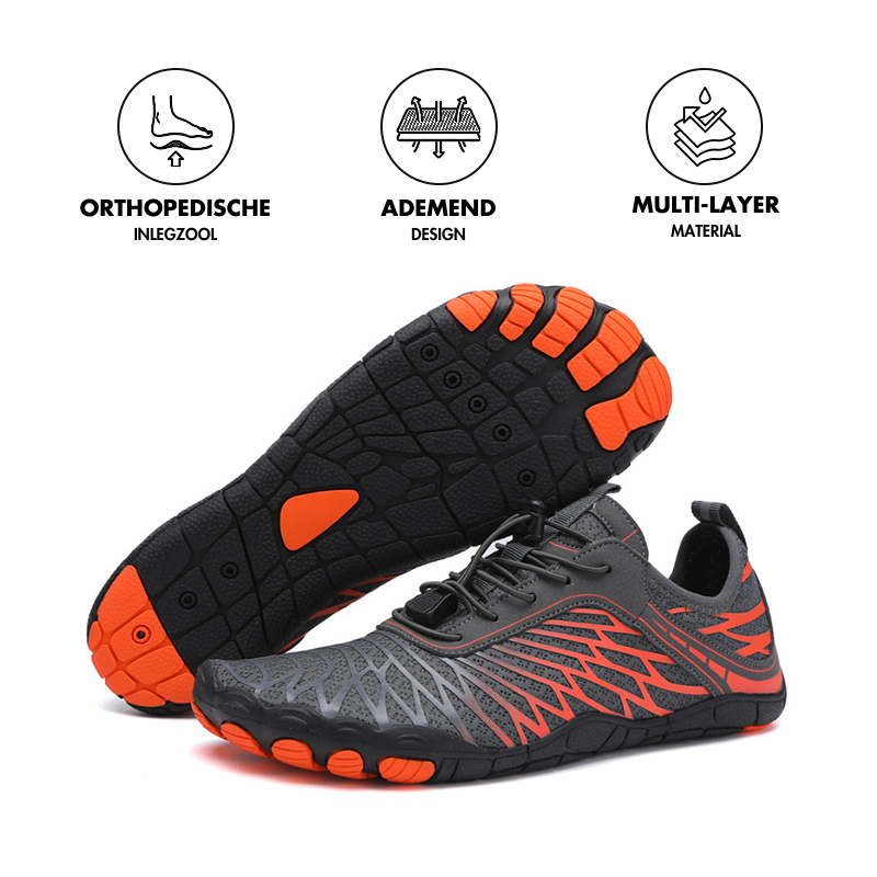 Graue und orange Barfußschuhe, orthopädische Einlegesohle, atmungsaktives Design.
