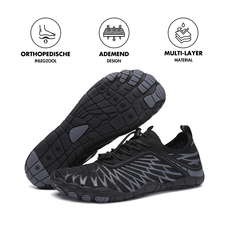 Schwarze Barfußschuhe mit orthopädischer Einlegesohle, atmungsaktivem Design, Mehrschichtmaterial.