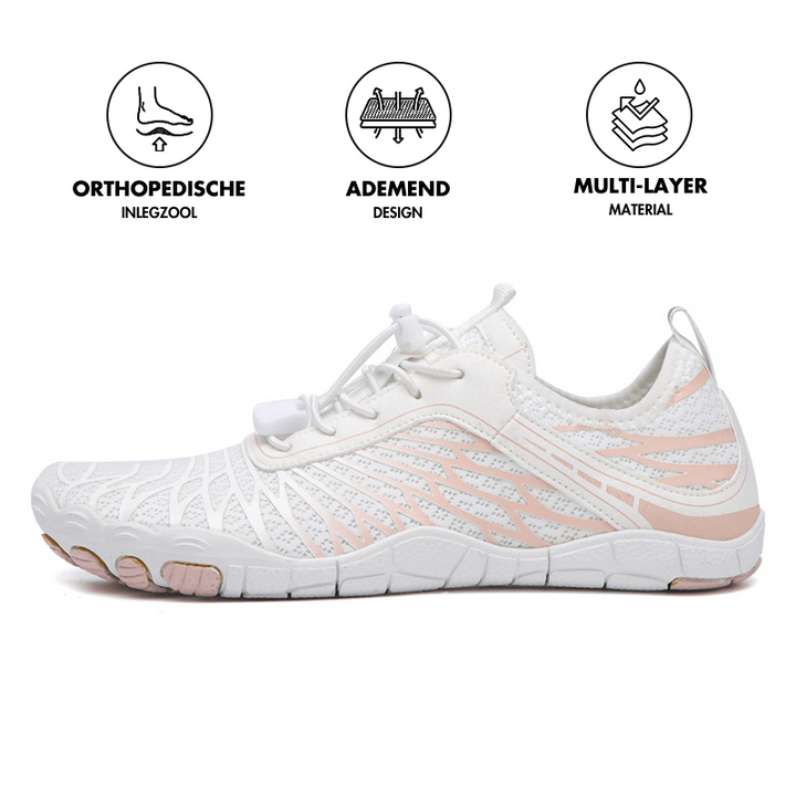 Weiße Barfußschuhe mit orthopädischer Einlegesohle, atmungsaktivem Design, mehrlagigem Material.