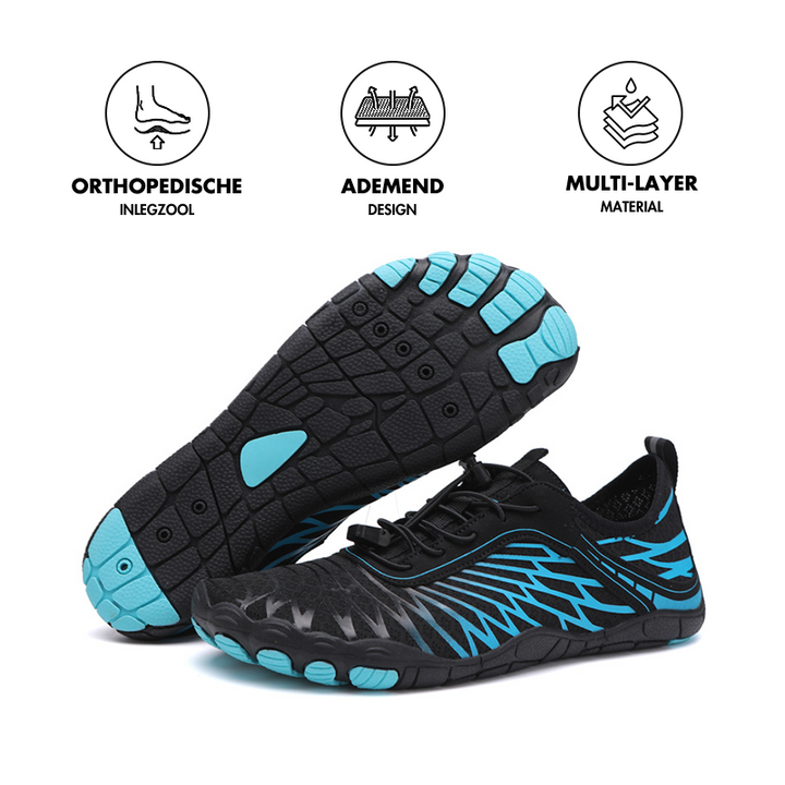 Schwarze Barfußschuhe mit blauen Akzenten, orthopädische Einlegesohle, atmungsaktives Design.